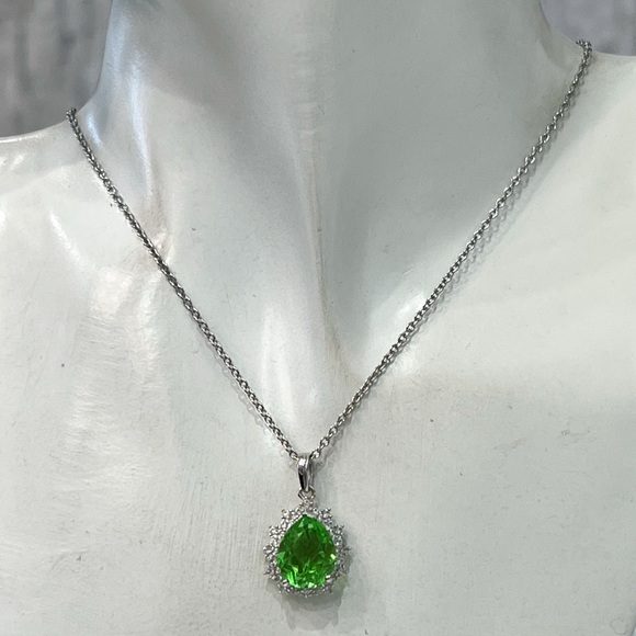 Chartreuse Quartz White Zircon Sterling Silver Teardrop Halo Pendant 20”Necklace - Picture 2 of 12